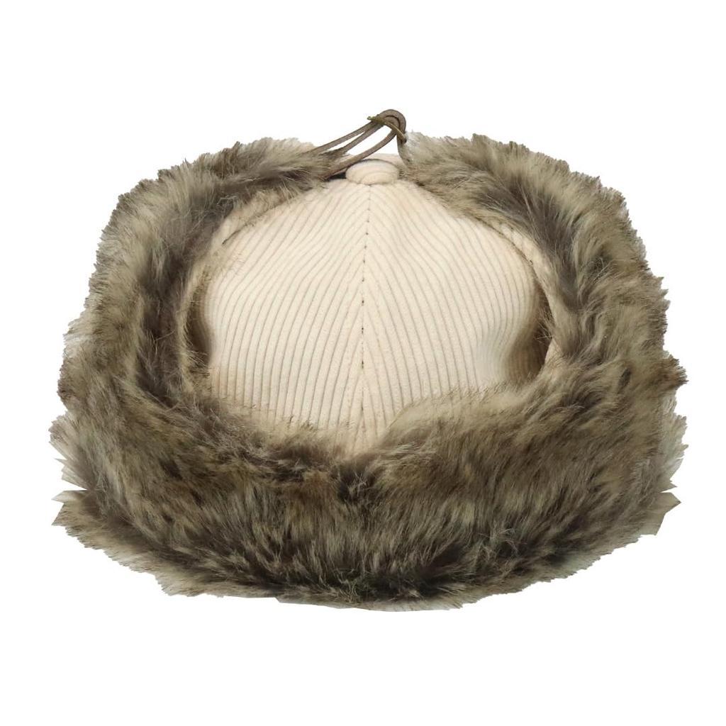 Moz Flight Cap with Ear Flaps, Men's and Women's Pilot Hat, Corduroy with Logo and Fur, Perfect for Fall and Winter, Ivory and Off-White