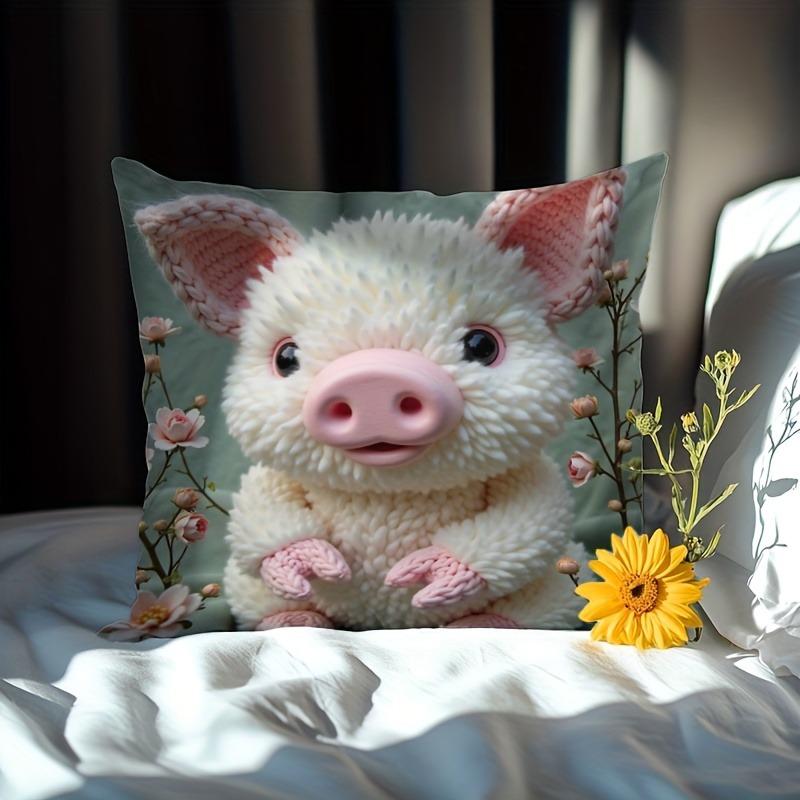 Adorable Fluffy Pig Pillow Cover With Pink Blossoms Sofa Cushion Cover, Home Room Dormitory Decoration, 2D Printing