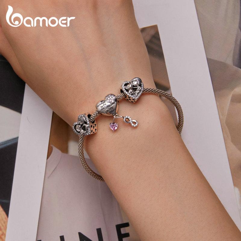 Bamoer Argent 925 Zircon Rose Pendentifs Patte d'Animal Breloques Forme de Cœur Perles Chien pour Bracelet et Collier Femme DIY SCC2434