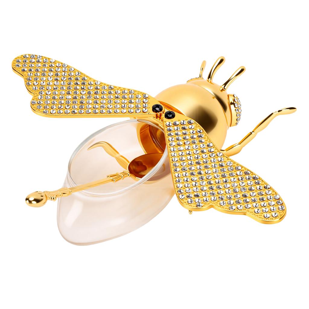 Honey Container with Spoon Decorative Bee Shaped Honey Jar Transparent Glass Pot for Holiday Birthday Party Rhinestone
