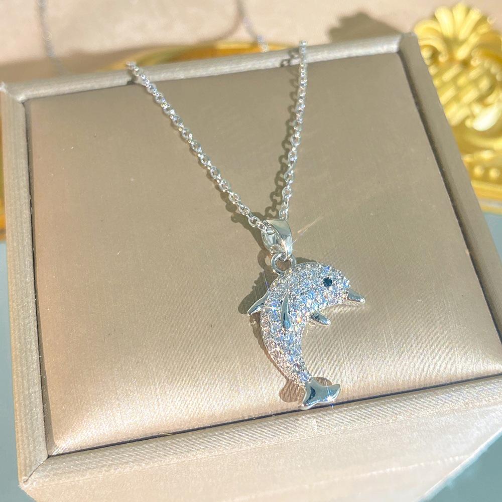 Sweet Dolphin Love Pendant Necklace - Titanium Steel, Full Diamond, Clavicle Chain, Perfect Gift for Women or Girlfriend