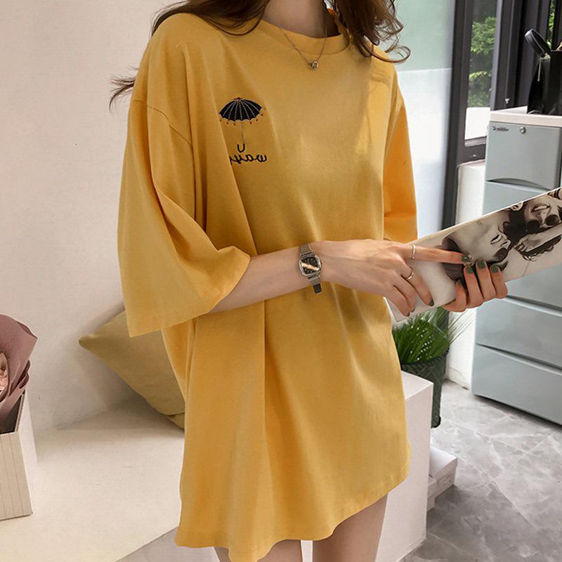 

Летняя женская футболка с вышивкой, с коротким рукавом - Корейский универсальный топ средней длины L жёлтый