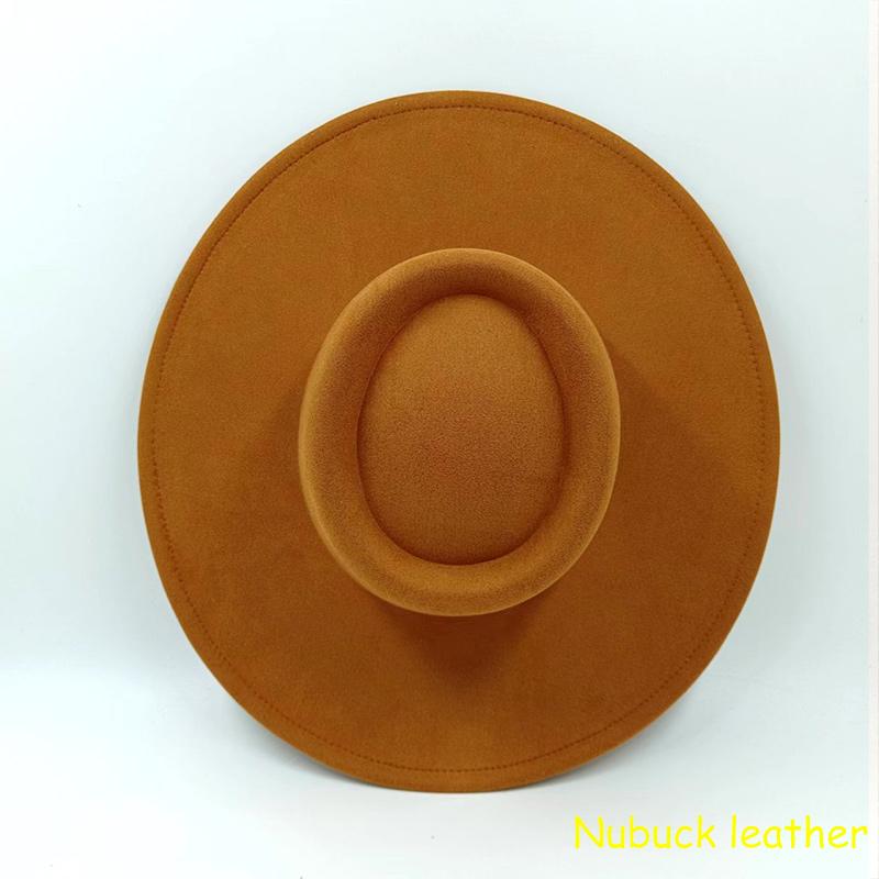 

9.5 CM Big Brim Retro Nubuck Leather Fedora Hat for Women Men Pearl chain Flat Top Hat Autumn Winter Wide Brim Luxury British 55-58