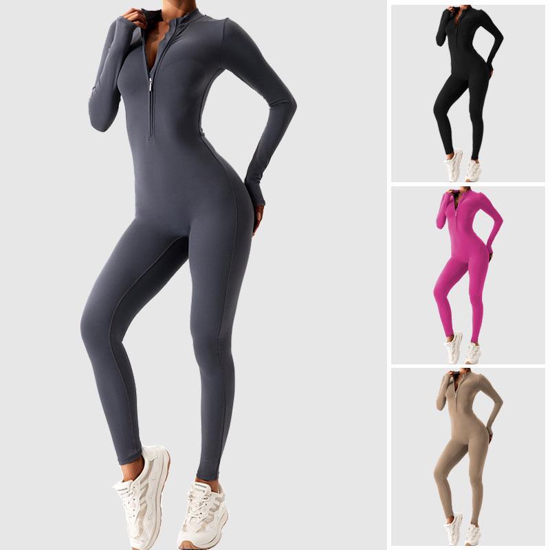 European-American Autumn/Winter Zipper Long Sleeve Yoga Jumpsuit for Women - Sports, Fitness, and Dance