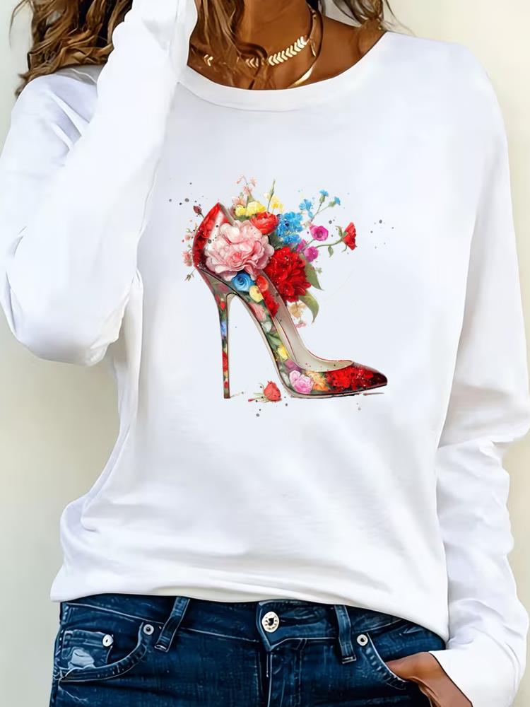 (Asian Size) Tee Lady Printed  Female Watercolor Flower Trend Clothing Women T Shirt Casual Fashion Top Long Sleeve  Graphic T-shirts