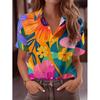 Women's Short-Sleeve Button-Up Shirt Vibrant Multicolor Floral Collar Blouse Top Machine-Washable Non-Button-Front Shirt for Spr