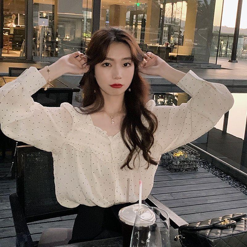 Small Fresh French Polka Dot Mushroom Edge Shirt for Women with A Unique Spring Design Long Sleeved Chiffon Top