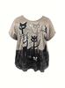 Ladies Cat Graphic Print V Neck Tee Short Sleeve Casual Summer T-Shirt