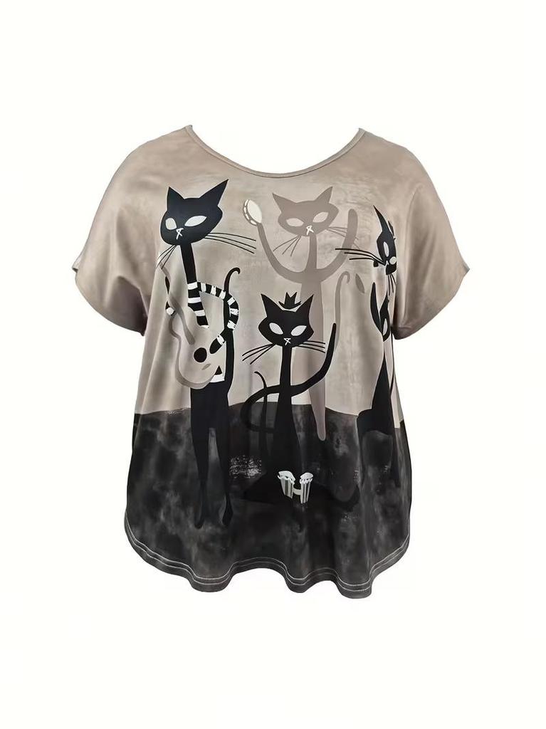 Ladies Cat Graphic Print V Neck Tee Short Sleeve Casual Summer T-Shirt
