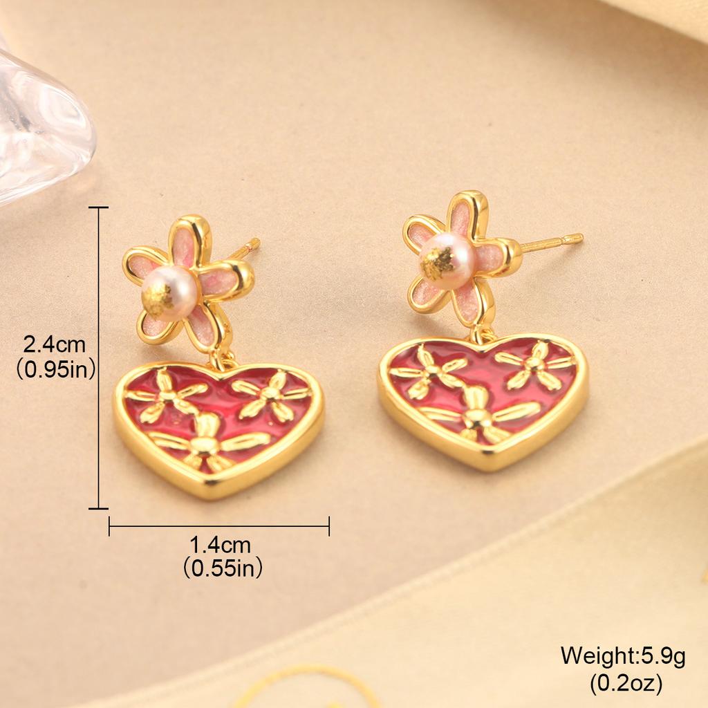 Flower Pearl Stud Earrings Enamel Oil Dripping Flower Mini Love Mori Design Sense Light Luxury Earrings Women
