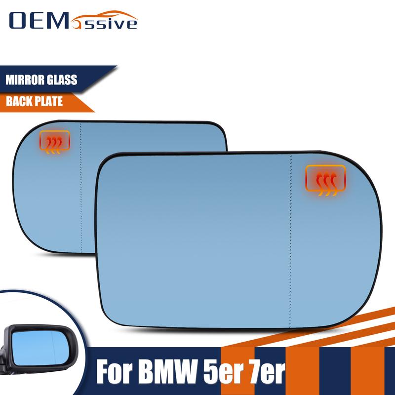 For BMW 5 Series E39 2000 - 2003 Facelift 7 E38 1995 - 2001 Driver Passenger Door Side Wing Mirror Glass Heated Blue With Plate