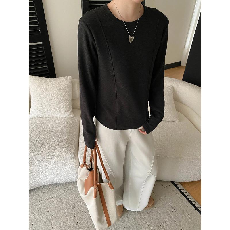 Sinan Fishbone Draped Double Stitch Slimming Long Sleeve Shirt - Round Neck, SN8384 чёрный