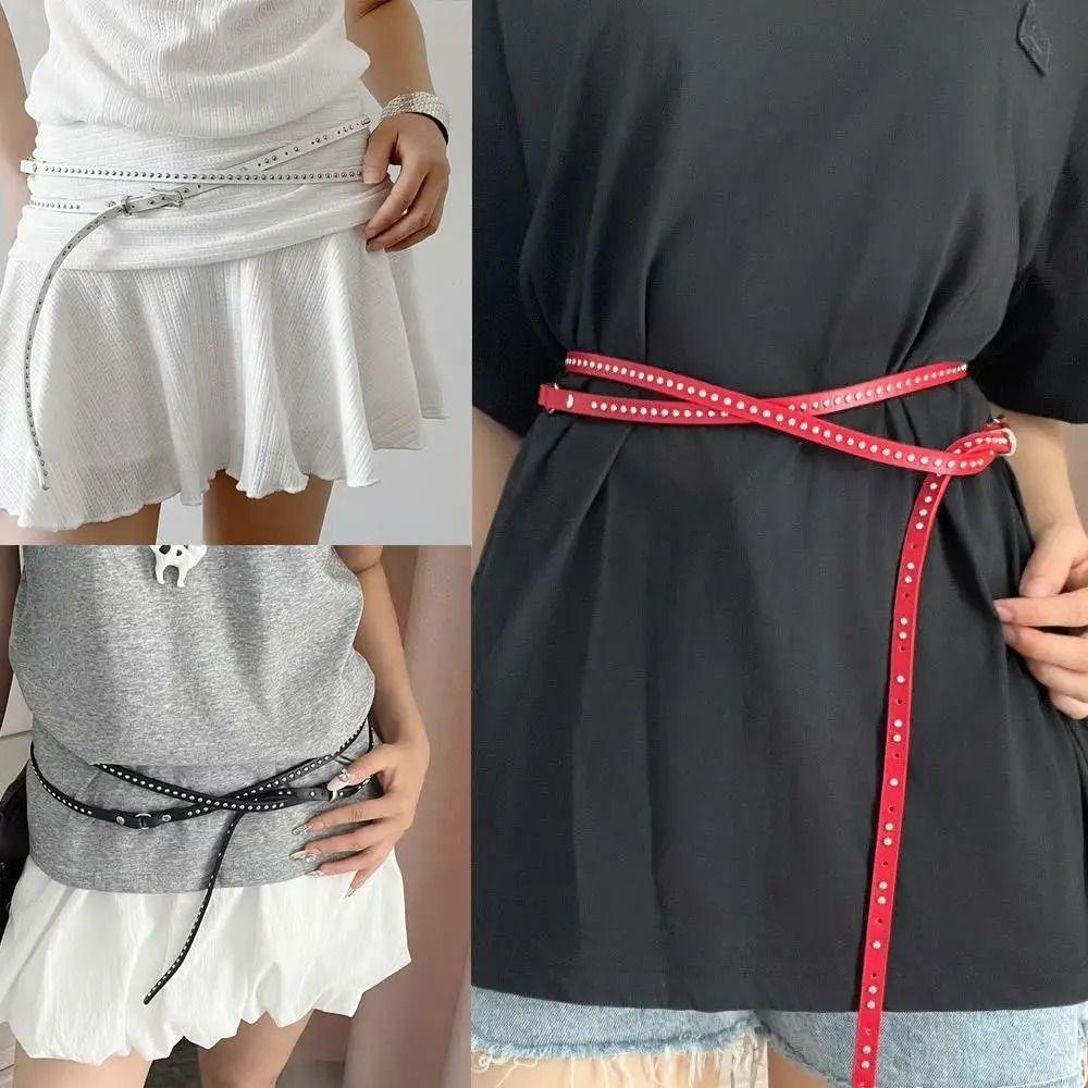 Gothic Long Double-layer Belt PU Leather Y2K Belt Trend Rivet Belt Skirts Waistband