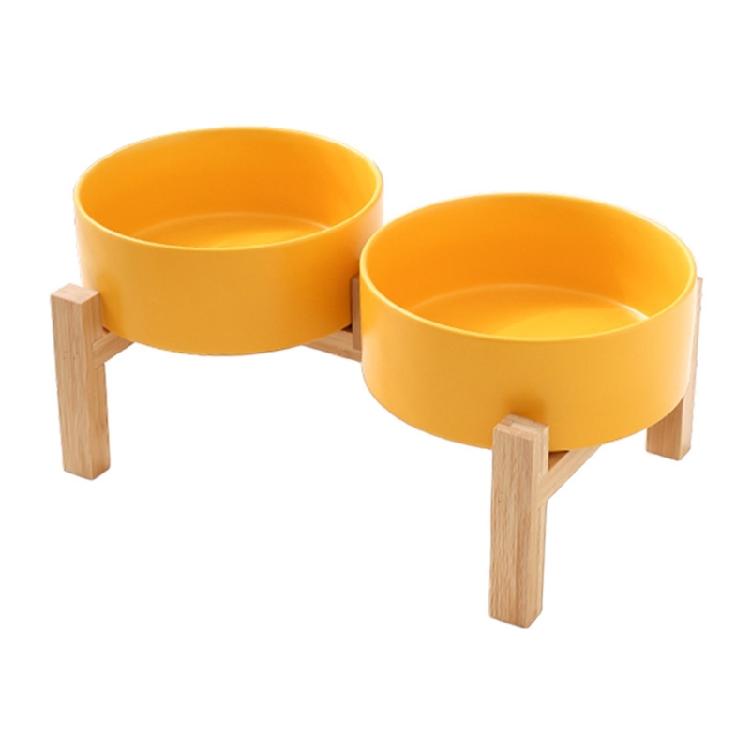 

AntiTip Ceramic Dog Cats Bowls Raised Wood Feeders Large Capacity Double Bowl Dish with NonSlip Stand Pet Feeding Supply жовтий