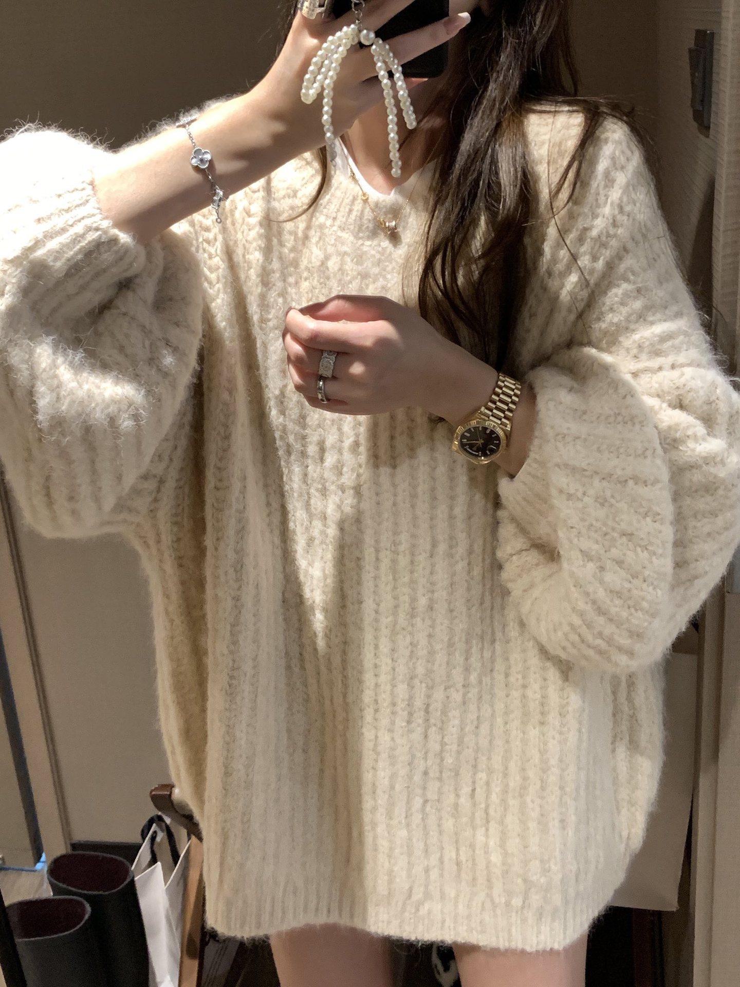 

Ленивый ветер свободный мягкий восковой круглый вырез рукав-фонарик вязаный свитер женский новый осень и зима однотонный рубчик вязаный свитер One size