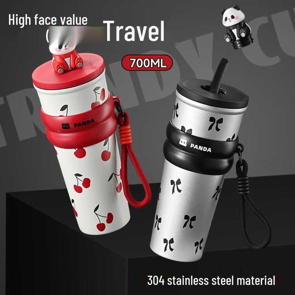 Cartoon Panda Stainless Steel Thermos Cup - Large Capacity Travel Mug with Straw