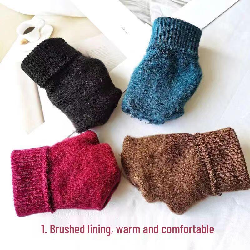 Autumn/Winter Solid Color Thick Wool Knit Gloves - Warm Full Finger Adult Design