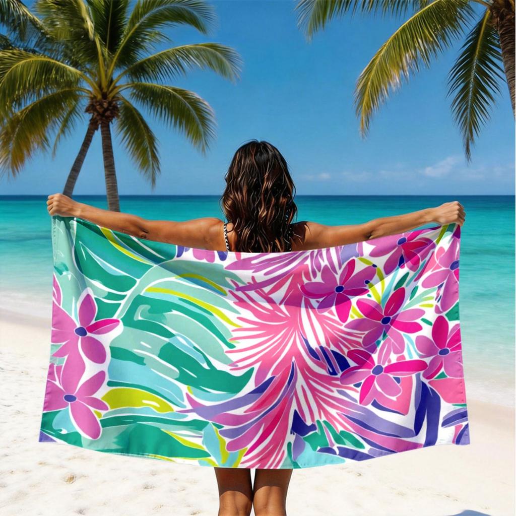 Vibrant Leaf Flower Microfiber Beach Towel 2D Flat Printed Waterproof Sandproof Travel Bath Towel For Seaside Holiday