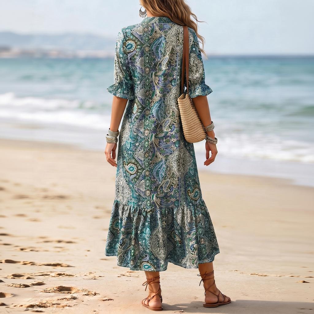 Bohemian Style V Neck Printed Short Sleeve Midi Dress with Ruffle Hem Lightweight Casual Loose Fit Summer Dress for Women