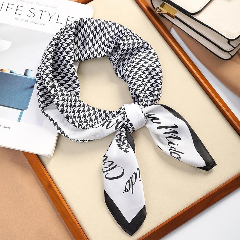 Luxury Versatile Houndstooth Printed Square Scarf Satin Sun Protection Lightweight 70 Ladies Headscarf