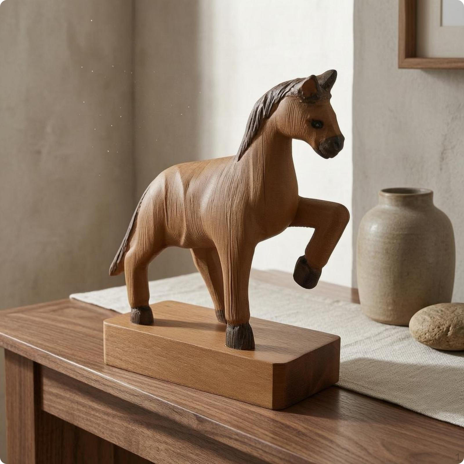 Prancing Horse Figurine Paulownia Wood Wooden Tabletop Sculpture for Living Room, S 6h047b