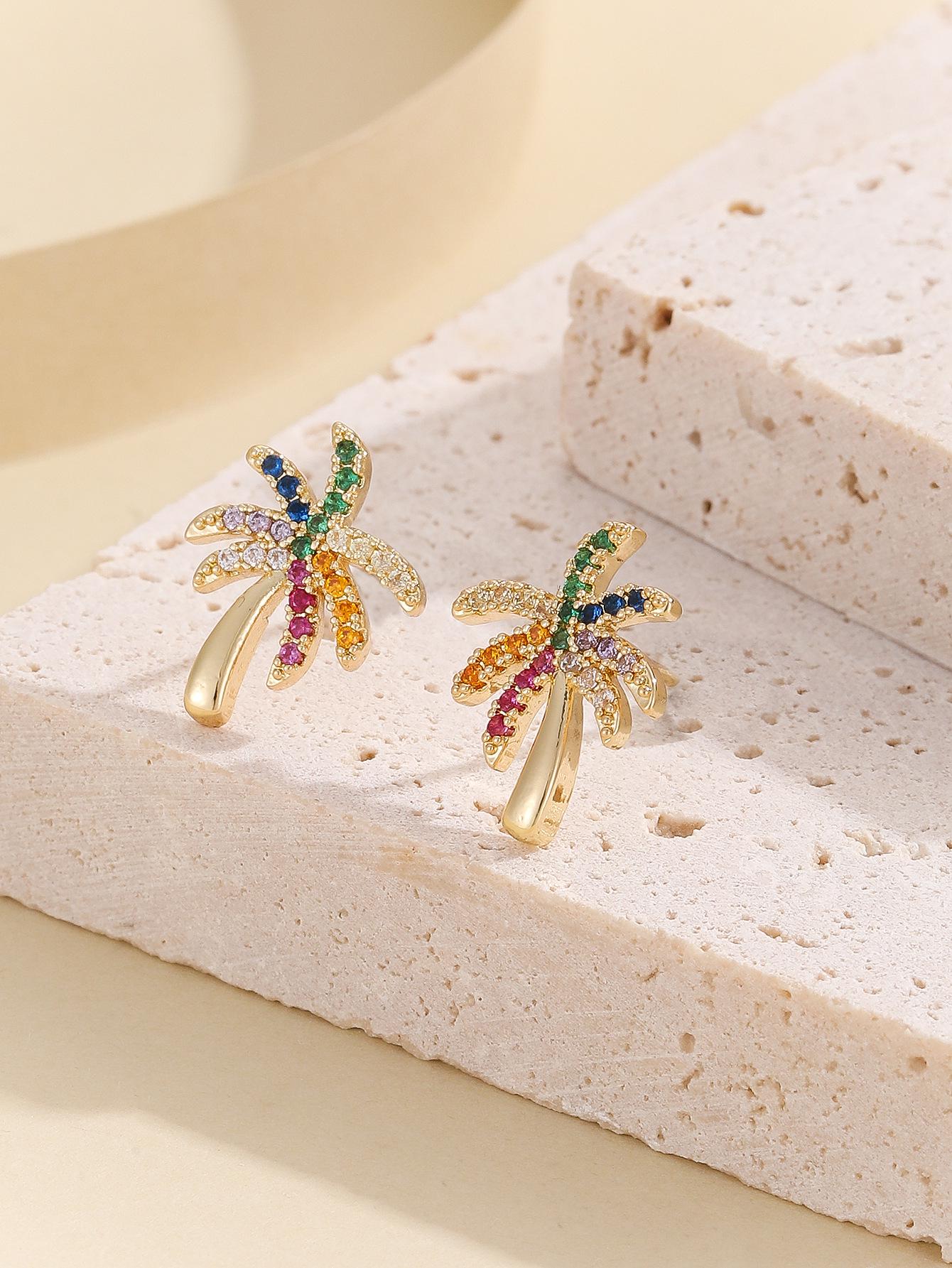 

Красочные серьги-пусеты в виде рождественской елки из циркона и радужной кокосовой пальмы для женщин - в японском и корейском стиле с бриллиантовыми акцентами.