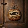 Autumn Theme Room Furnishings Halloween Mummy Pumpkin Hanging Sign, Retro Wooden Pendant with Decorative Party Sign Hemp Rope for Front Door