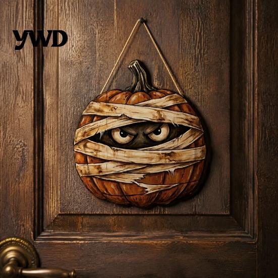 Autumn Theme Room Furnishings Halloween Mummy Pumpkin Hanging Sign, Retro Wooden Pendant with Decorative Party Sign Hemp Rope for Front Door