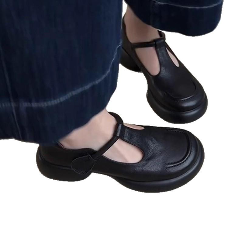 Sheepskin Version~ Fashionable Retro Simple Round Head Platform Mary Jane Shoes Women's Commuting Versatile Black Small Leather Shoes Single Shoes