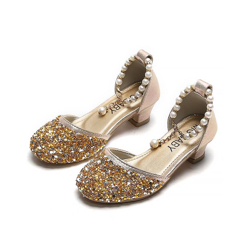 

2025 New Style Girls Pearl Sequin High Heel Soft Sole Leather Shoes 26-30 set of 5 pairs