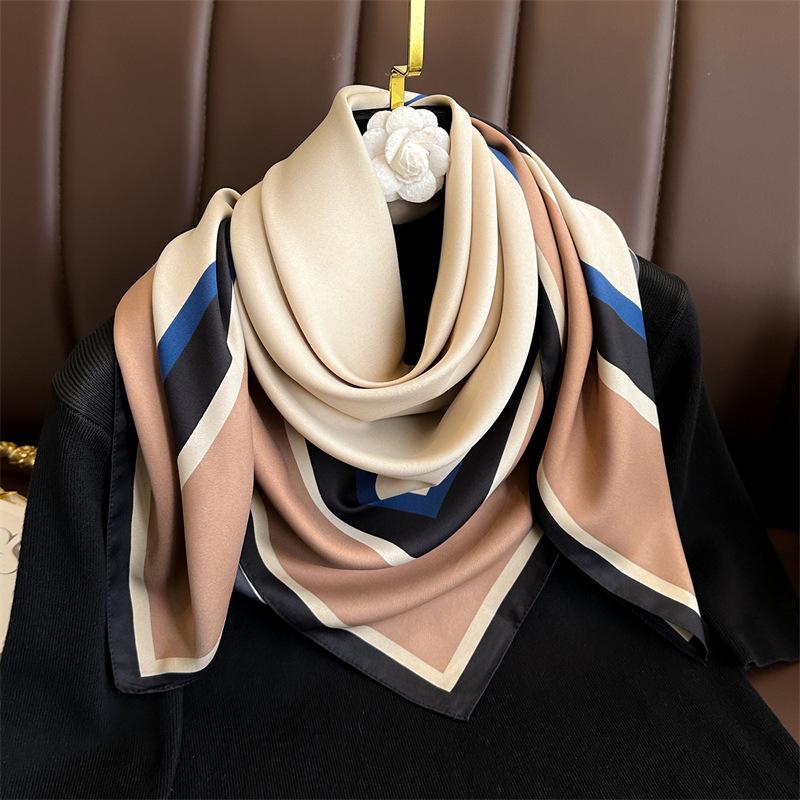 Women's Retro Twill Silk Scarf - 90cm Versatile Shawl for Travel & Sun Protection