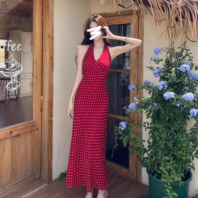 Dopamine Red Neck Dress for Women's Summer New Waist Pinching Super Body Unique Polka Dot Suspender Dress