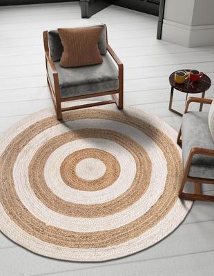 Aizza Trends Indian Handmade Braided Natural Jute with White Box Design Area Rug- Jute Rug- Dining Room- Living Room