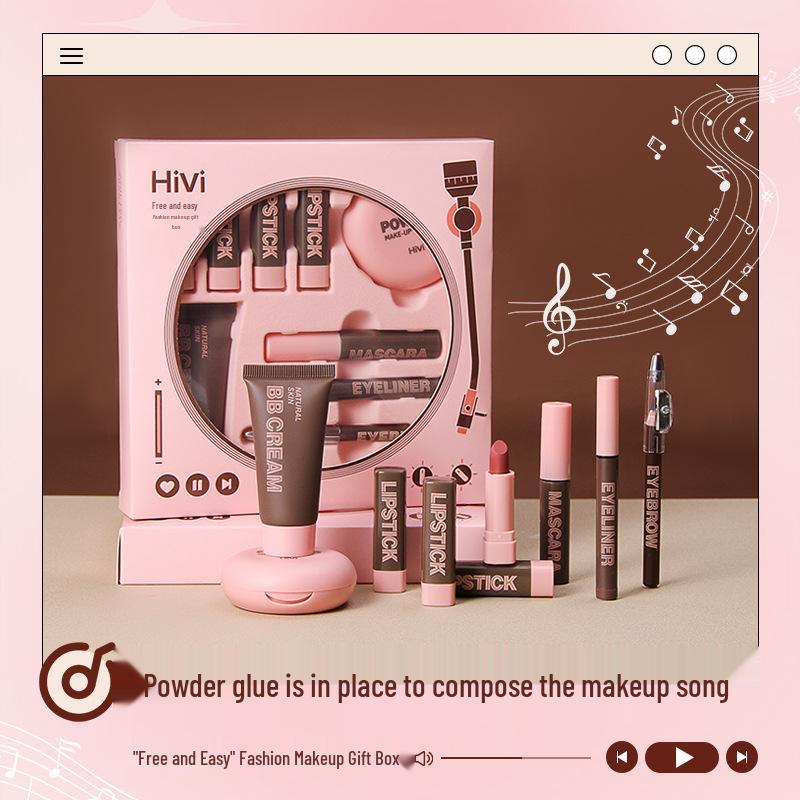 Hivi Cosmetic Gift Set: 9-Piece Makeup Kit with Lipstick, BB Cream, Powder, Mascara, Eyeliner, and Brow Pencil V107A.