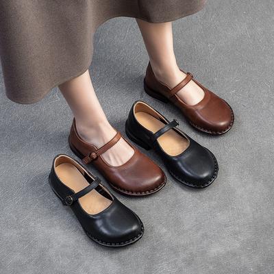 Damskie buty z prawdziwej skóry, klamra paska, proste, jednokolorowe, wszechstronne, okrągły nosek, czółenka na niskim obcasie