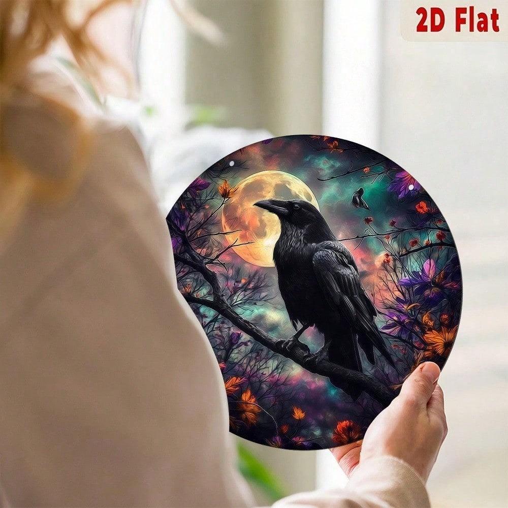 Gothic Raven Moon Metal Wall Art, Glowing Eyes Aluminum Sign