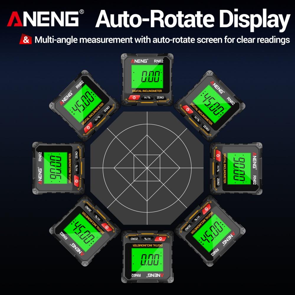 RN02/RN03 Multi-Function Digital Inclinometer Four-Sided Magnetic Charging Angle Gauge Supports 360 Degree Rotation Measurement
