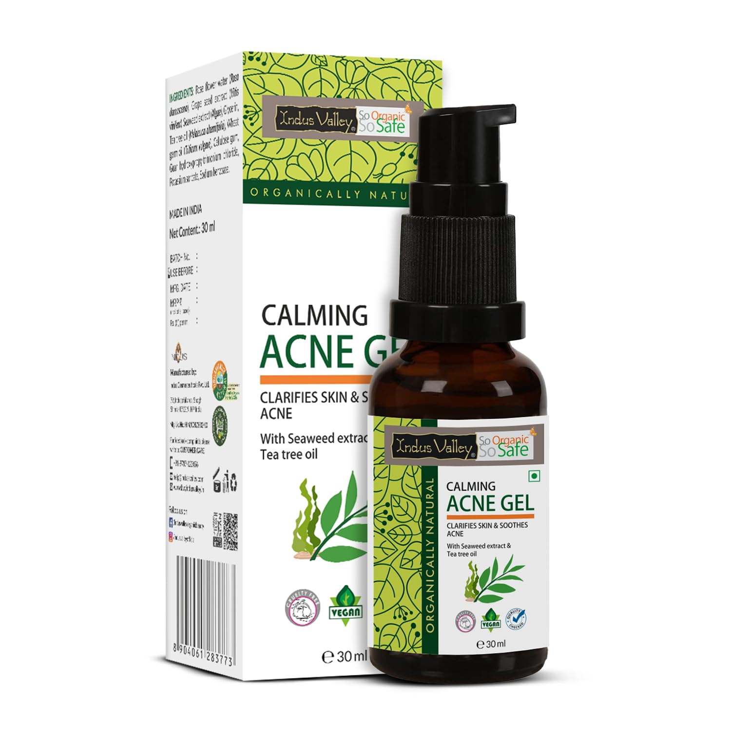 Indus Valley Calming Acne Gel with Seaweed Extract & Tea Tree Oil for Pimples, Soothes, Clarifies, and Refreshes Skin Naturally - 30ml