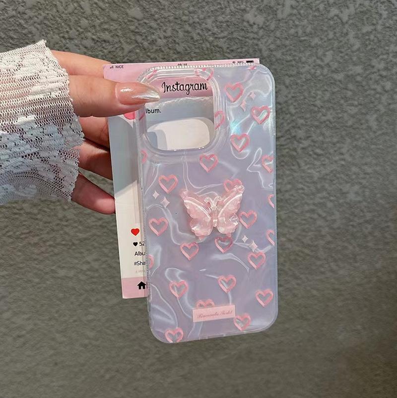 For iPhone 15 Pro 16 Plus 14 Pro Max 13 12 11 X XS XR 7 8 SE Romantic Pink Heart Butterfly Lustre Lining Hard High Phone Case
