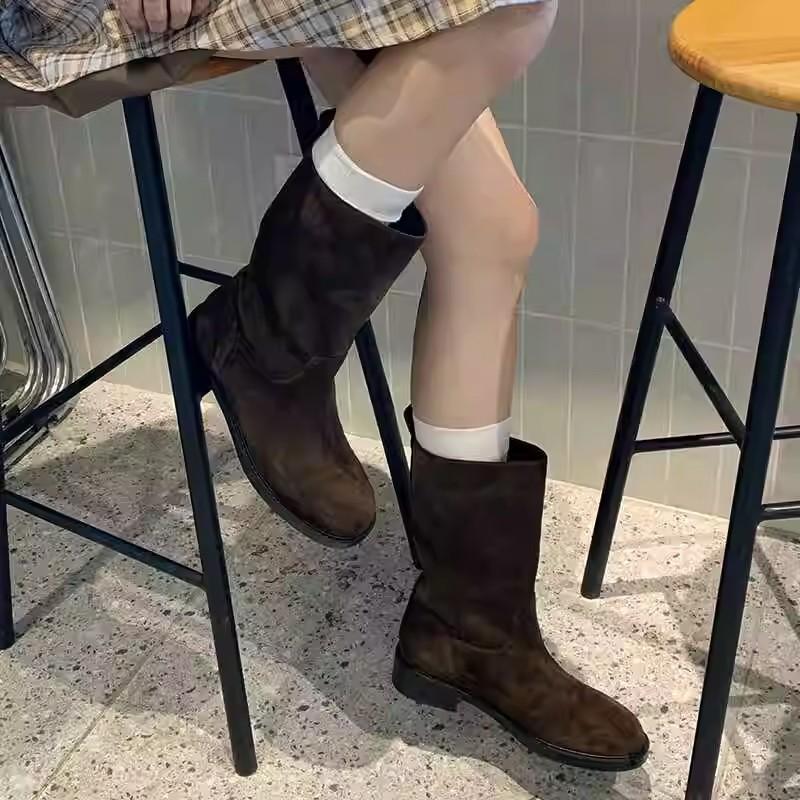 Korean Version of Handmade Cigarette Boots Women's 2025 Autumn and Winter New Leather Boots Medium Boots Retro Straight Knight Boots Single Boots