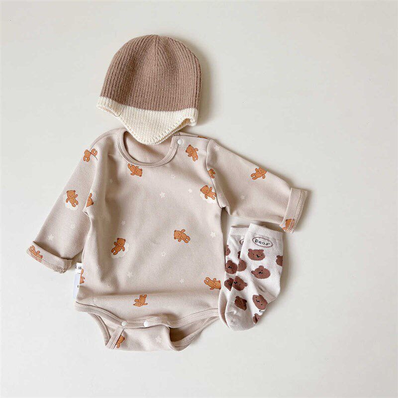 Baby Autumn Loungewear Onesie with Cute Cartoon Print, Long-Sleeve Romper for Boys and Girls