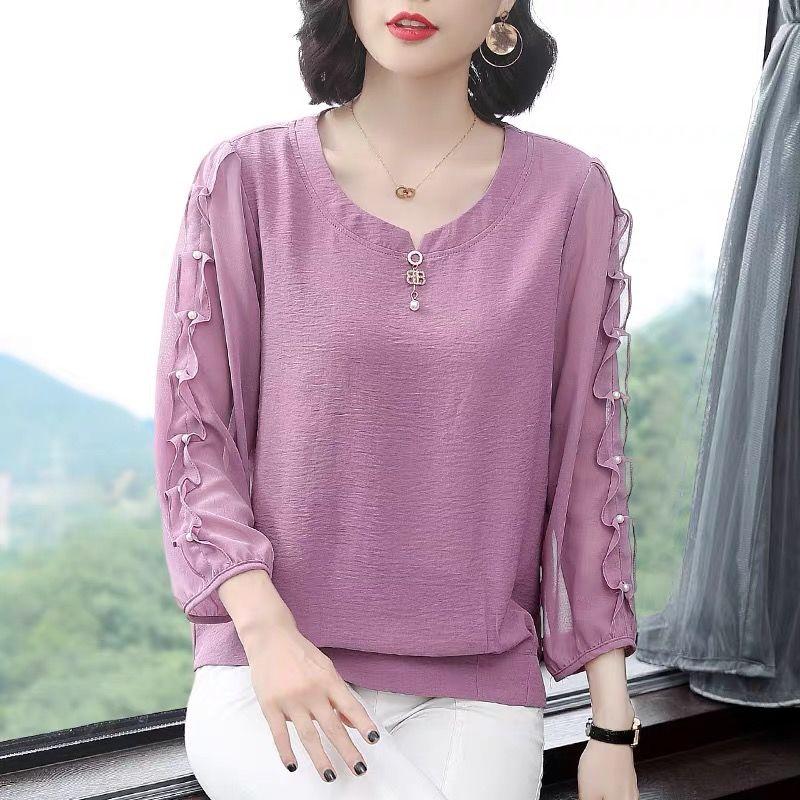 Fashion Elegant Female Ruffles Spliced Beading Chiffon Shirt Spring Summer Women's Clothing Korean 3/4 Sleeve Solid Loose Blouse