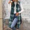 Women Long Vest with Breast Pockets Plaid Print Turn-down Collar Single-breasted Mid Length Waistcoat Loose Caerdigan Outerwear for Daily