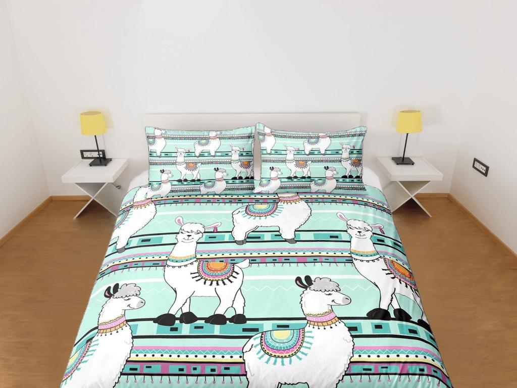 Lama-Print Bettbezug-Set, Kinderbettwäschebezug, Bohème Schlafzimmer-Set, Schöner Bettbezug, Minzgrüner Deckenbezug, Tierprint Tagesdecke