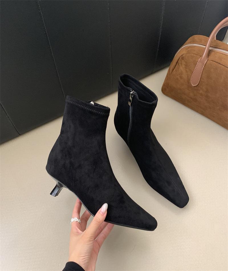 High-heeled pointed-toed temperament suede short boots women's shoes 2025 new autumn and winter velvet thin-heeled Korean thin boots