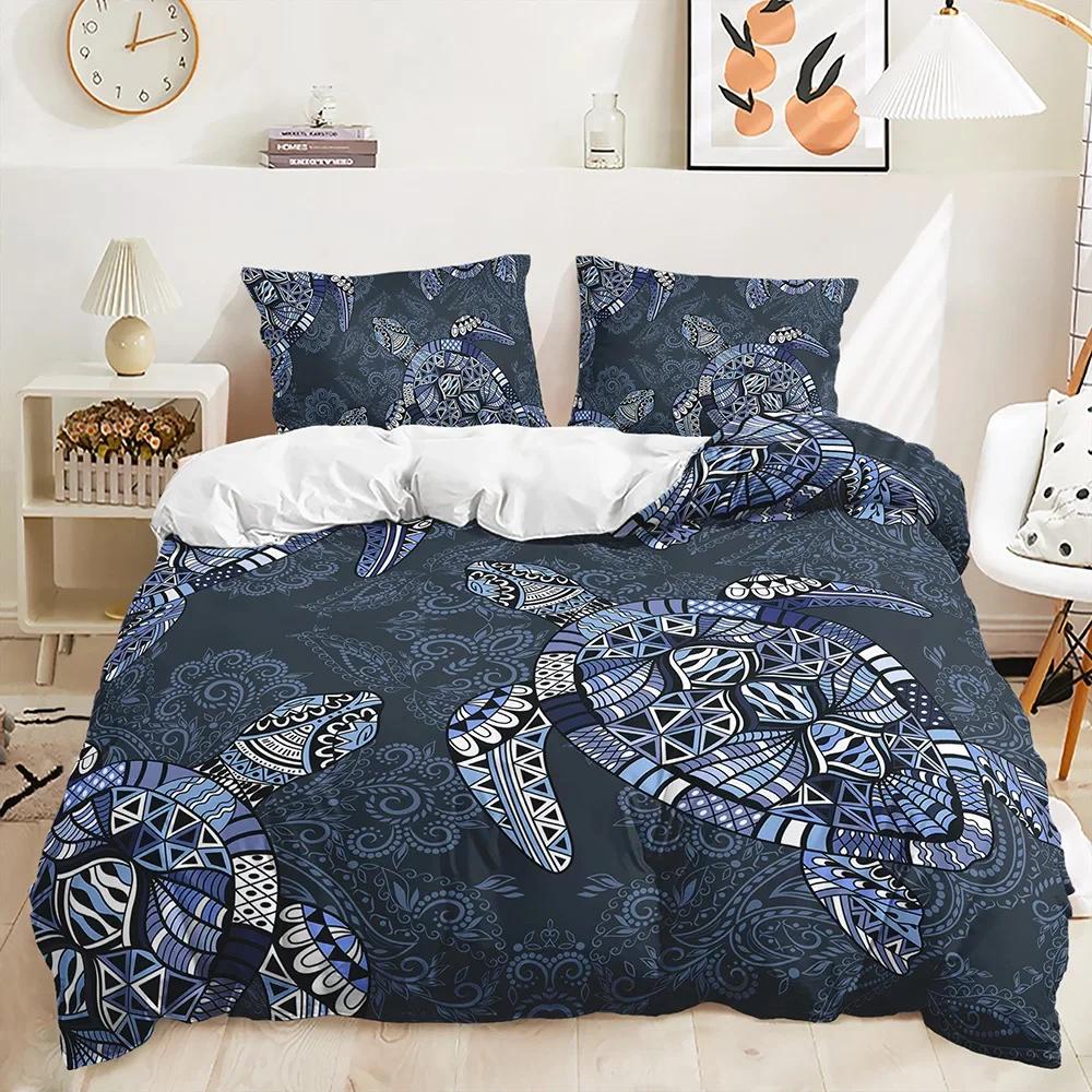Print Fish,Dolphins, Sharks,Turtles Comfortable Quilt Cover Set for Quen, Light Blue Aquatic Shark Jelyfish Warm Comforter Cover Beding Sets