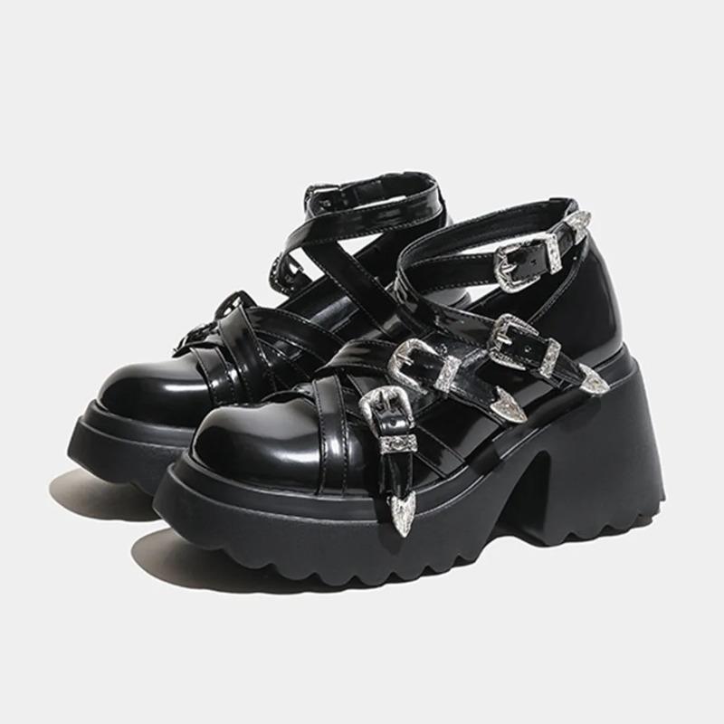 2025 Punk Women's Chunky Heels Shoes Fashion Black Gothic Buckle Belt Straps Platform Casual Pumps