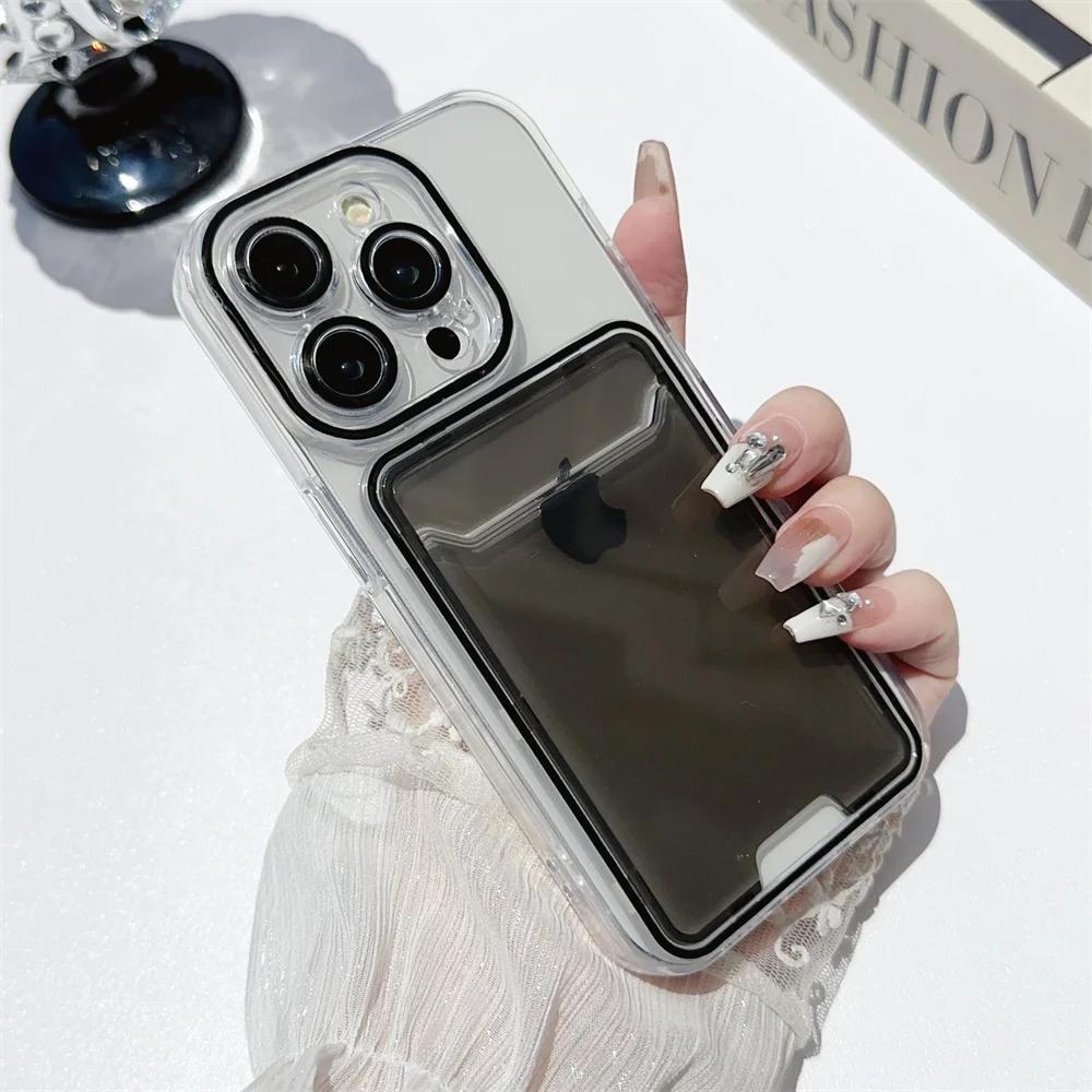 Card Holder Transparent Case for iPhone 15 14 13 16 17 Pro Max Air Plus 11 12 Double Color Wallet Soft Shockproof Cover