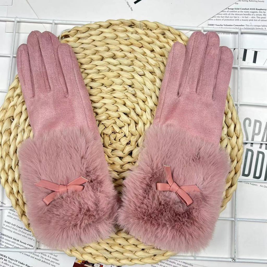 Women'S Warm Outdoor Riding Gloves Bow Deerskin Fleece Gloves Autumn Windproof And Cold Proof Touch Screen Gloves