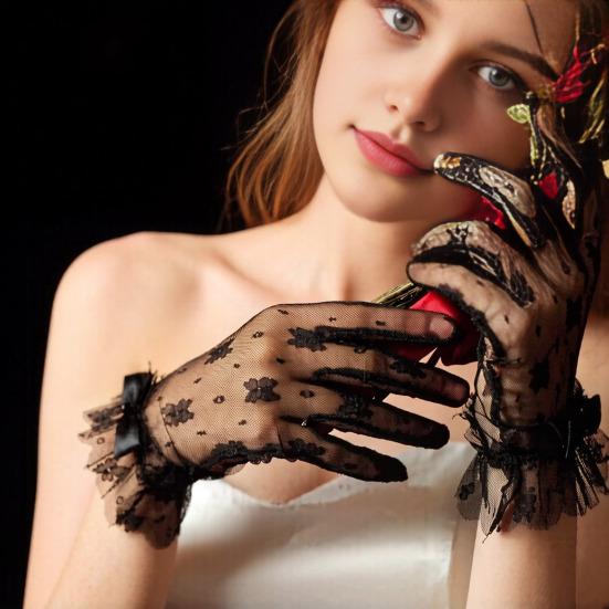 Women Lace Gloves Bridal Gloves with Bow Sheer Tea Party Wrist Gloves for Wedding Prom Cocktail Party